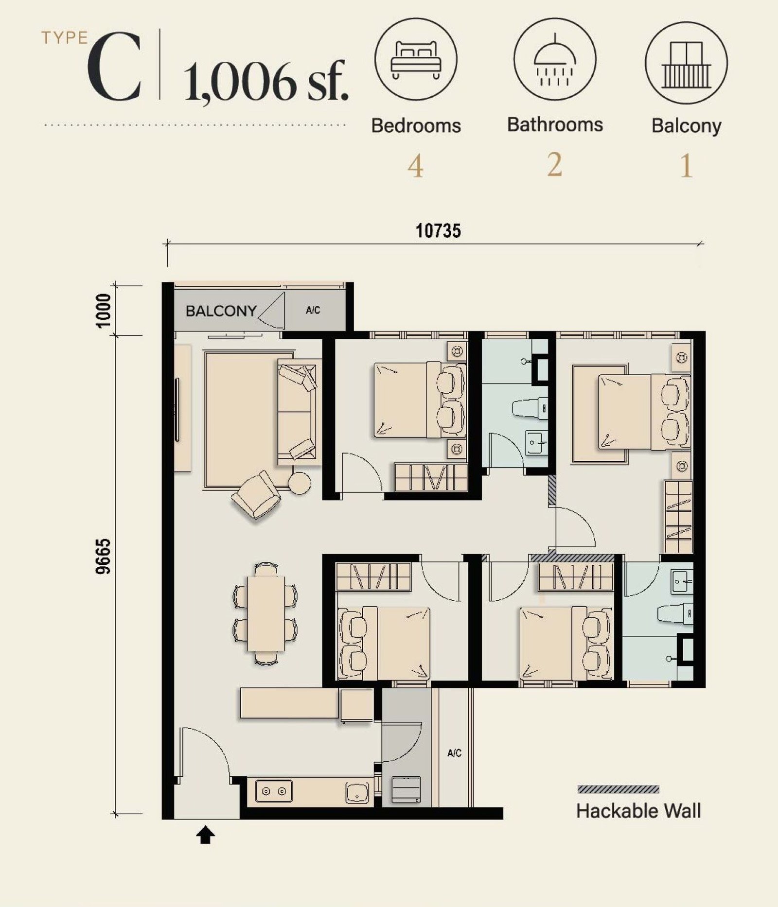 M Aspira Type C floor plan, 4 bedrooms, 1,006 sq ft