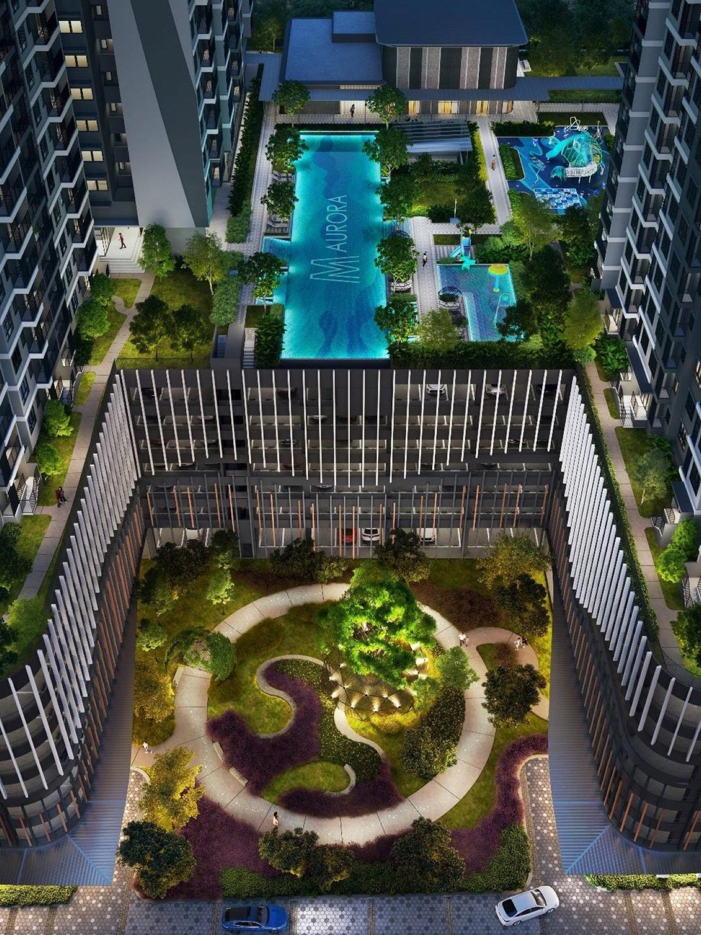M Aurora podium garden and pool deck from above: artist's impression