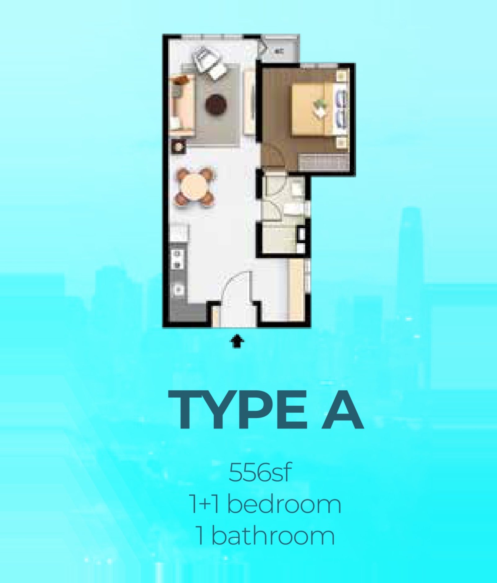 M Aurora Type A floor plan, 1+1 bedroom, 556 sq ft