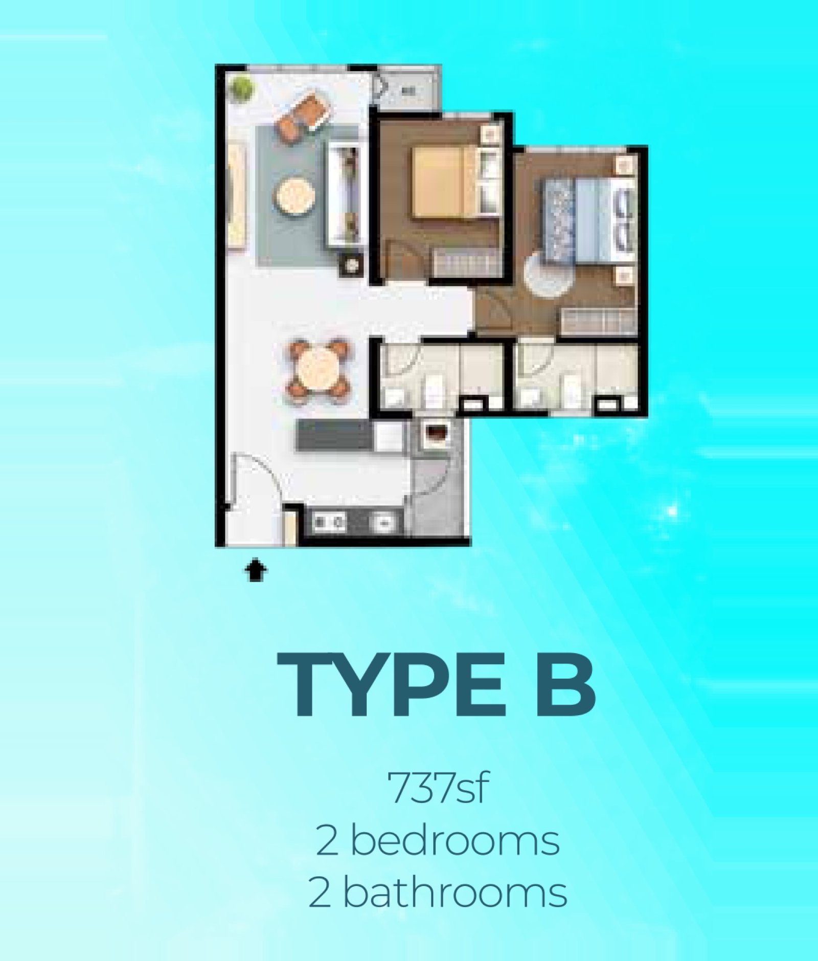 M Aurora Type B floor plan, 2 bedroom, 737 sq ft