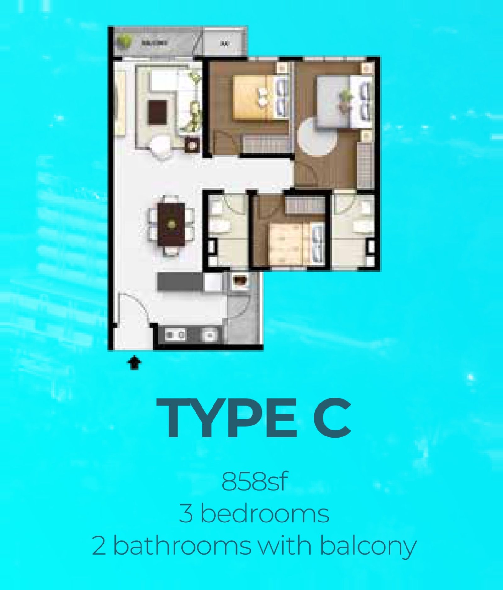 M Aurora Type C floor plan, 3 bedroom with balcony, 858 sq ft