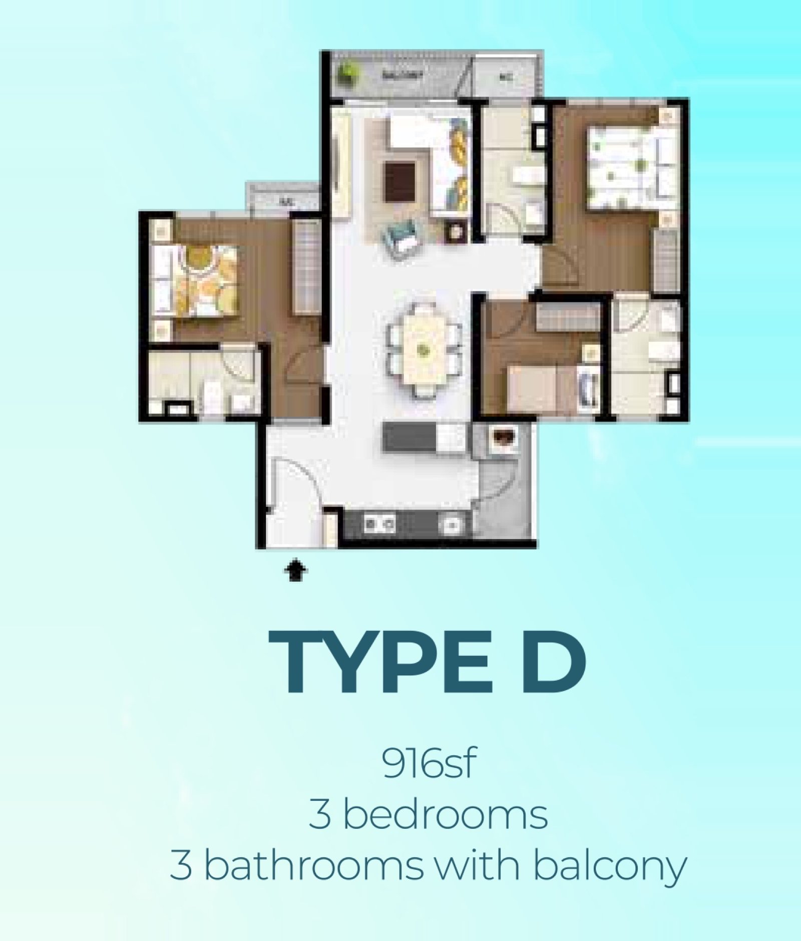 M Aurora Type D floor plan, 3 bedroom with balcony, 916 sq ft