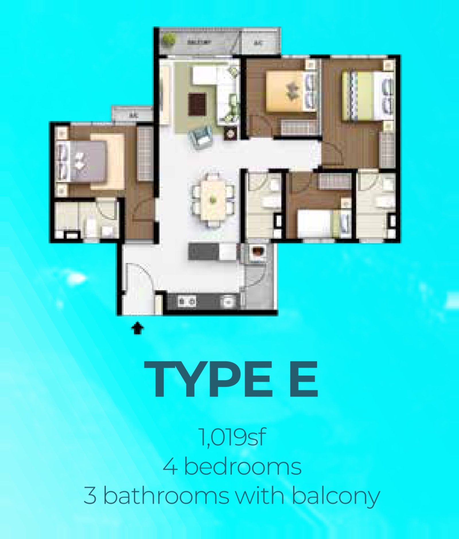 M Aurora Type E floor plan, 4 bedroom with balcony, 1,019 sq ft