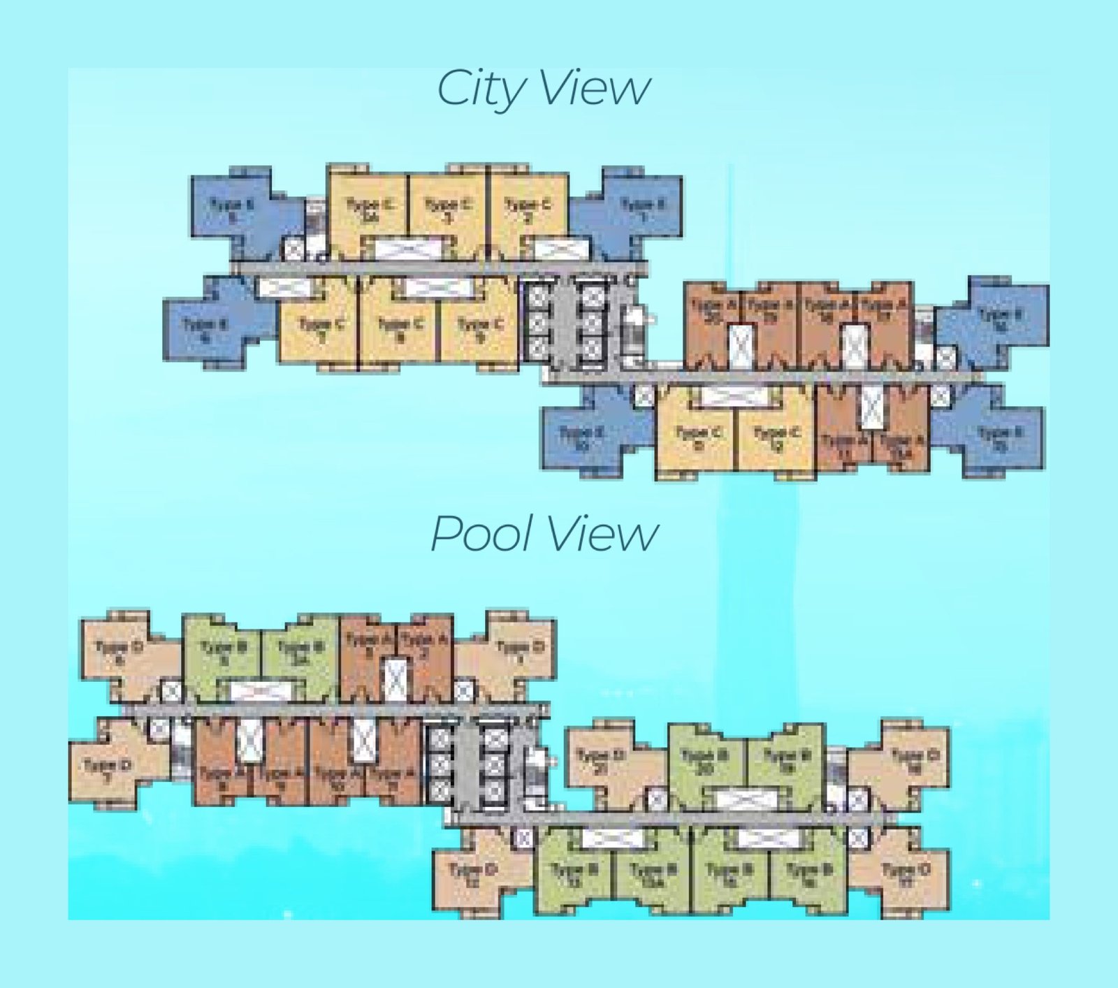 M Aurora typical floor plans of both towers, city view and pool view