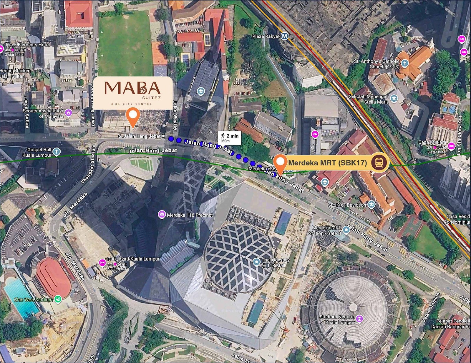 MABA Suitez location map showing the walk to Merdeka MRT station