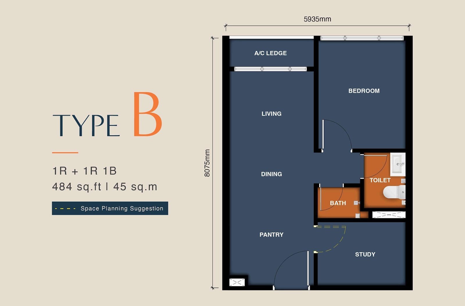 MABA Suitez Type B floor plan, 1+1 bedroom, 484 sq ft