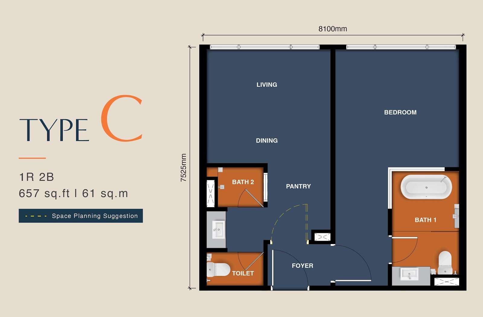 MABA Suitez Type C floor plan, 1 bedroom 2 bathroom, 657 sq ft