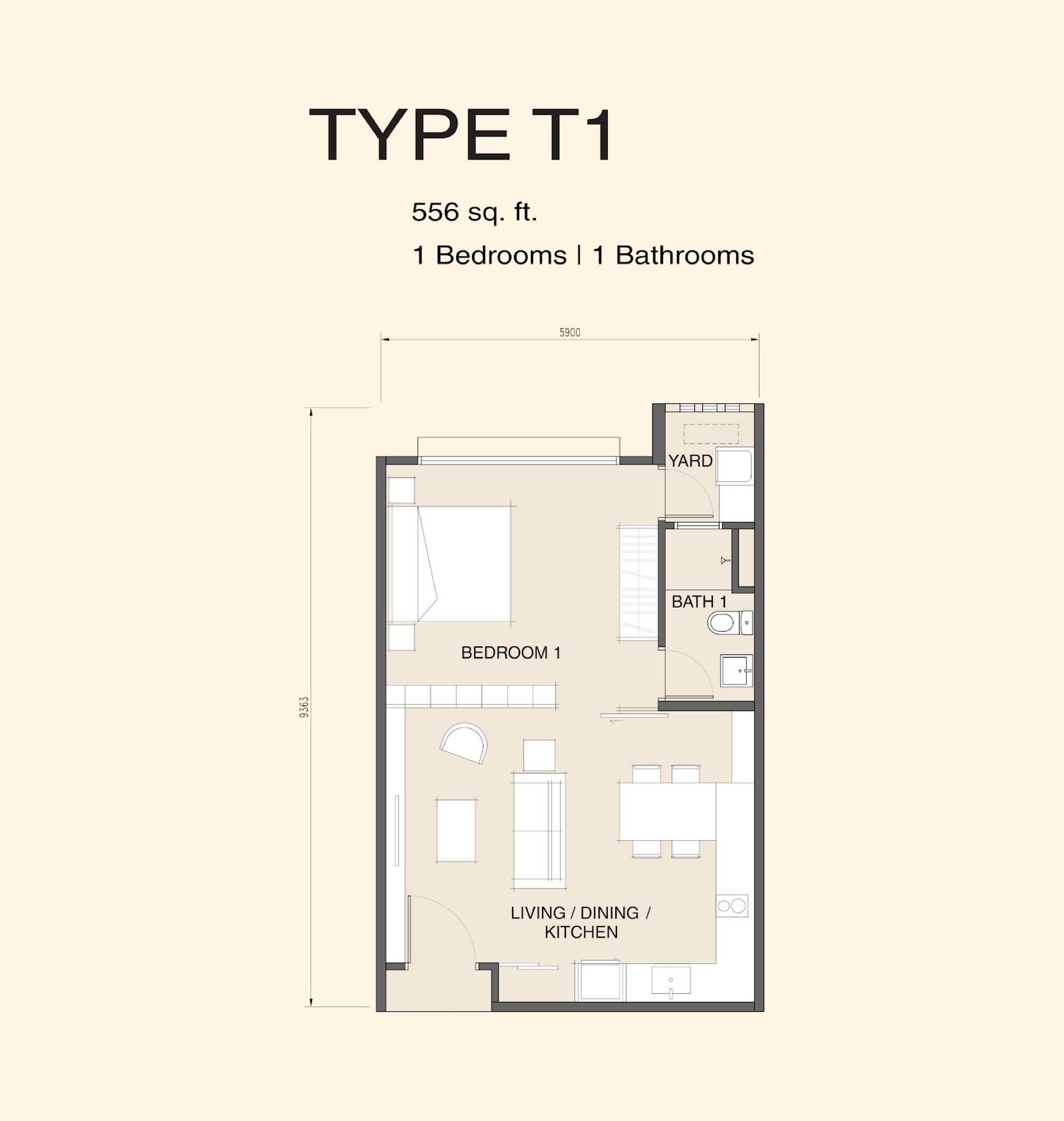 Myra Senja Type T1 floor plan, 1 bedroom, 556 sq ft