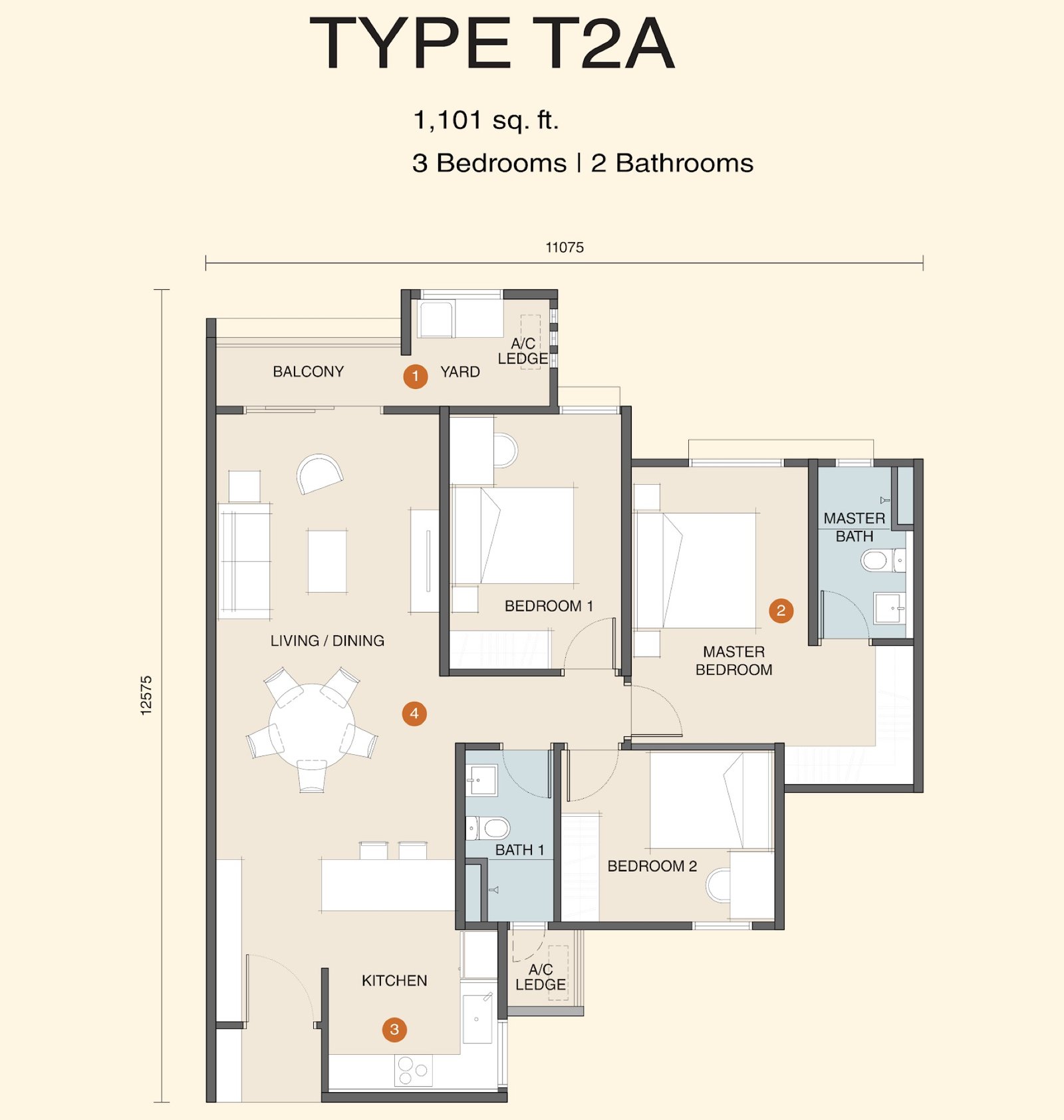 Myra Senja Type T2A floor plan, 3 bedroom, 1,101 sq ft