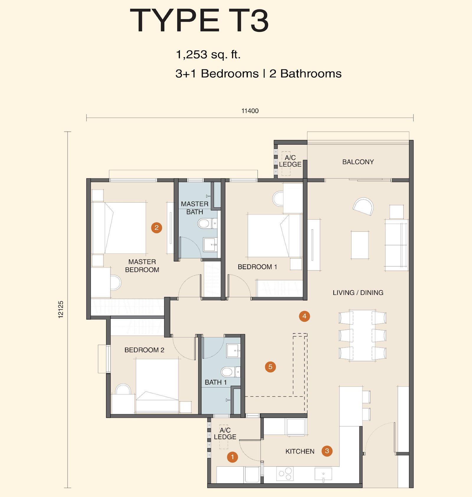 Myra Senja Type T3 floor plan, 3+1 bedroom, 1,253 sq ft