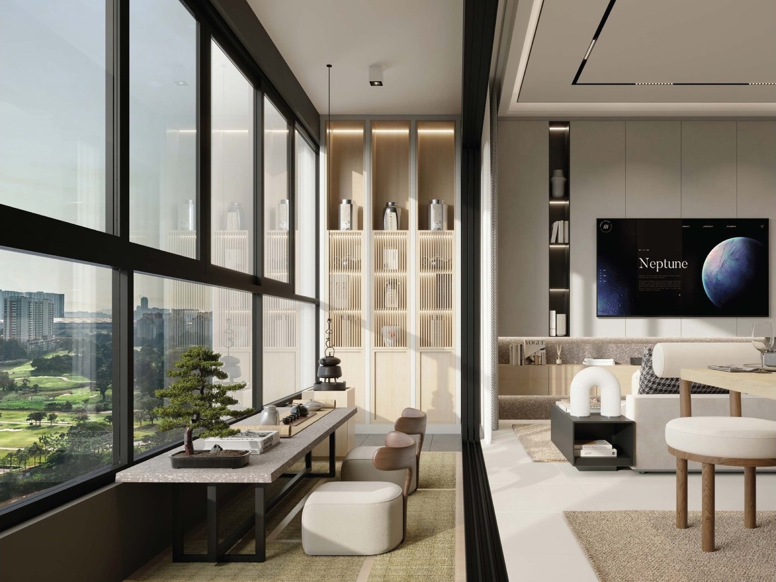 Oaka Residences living room with golf course view: artist's impression