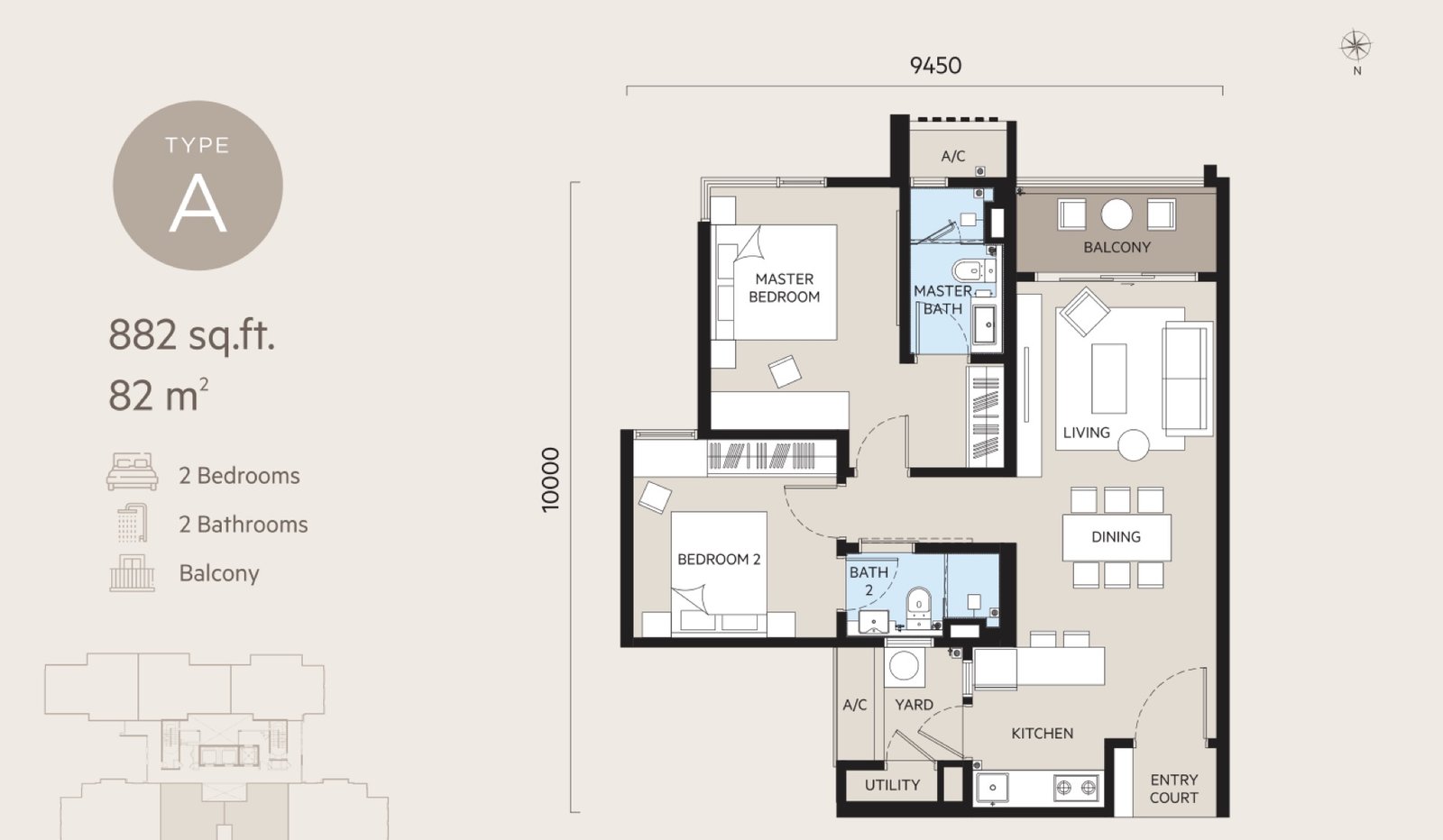 Oaka Residences Type A floor plan, 2 bedrooms, 882 sq ft