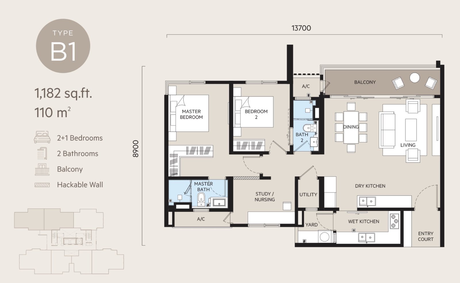 Oaka Residences Type B1 floor plan, 2+1 bedrooms, 1,182 sq ft