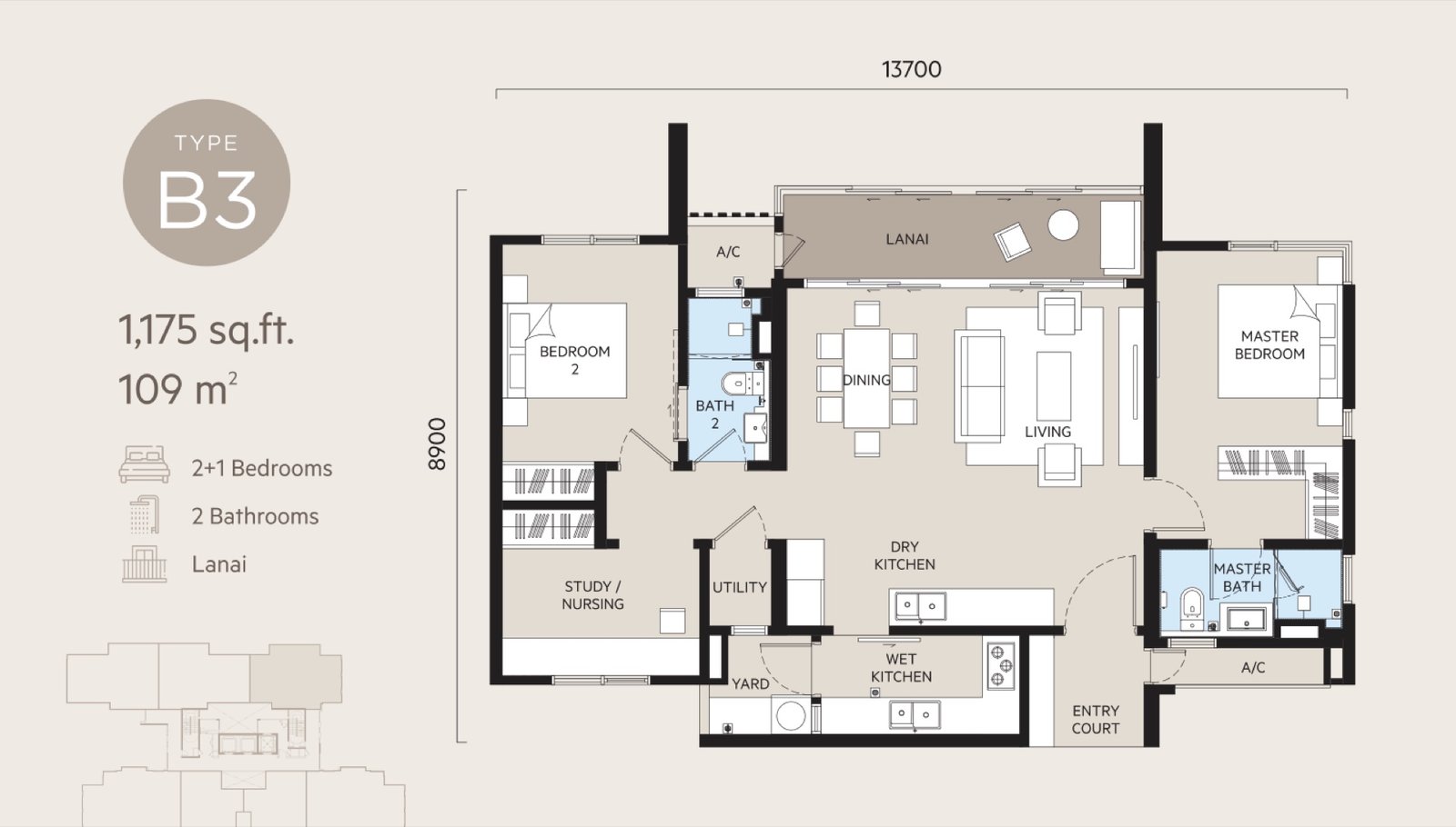 Oaka Residences Type B3 floor plan, 2+1 bedrooms with lanai, 1,175 sq ft