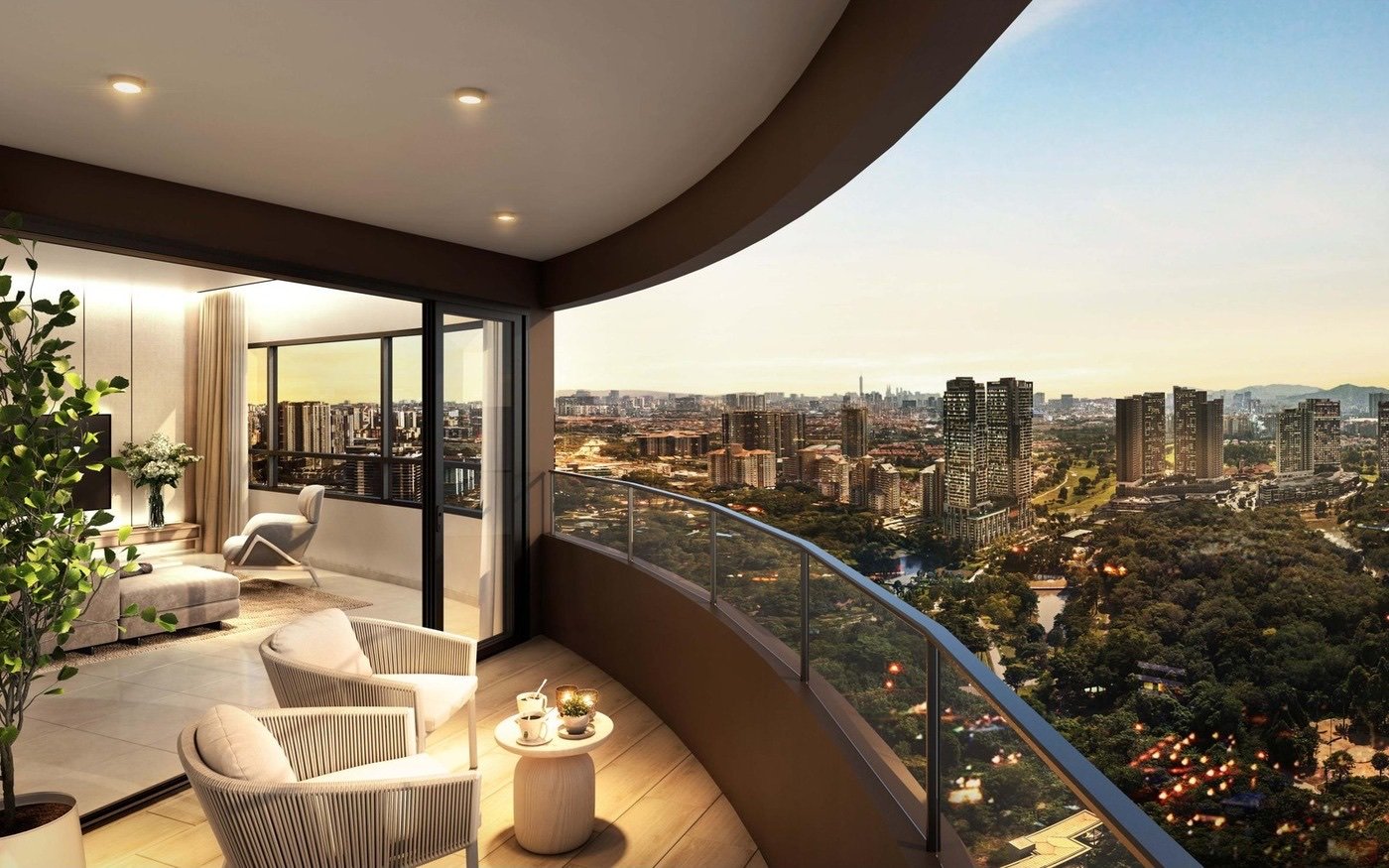 Park Green Pavilion Bukit Jalil balcony and living room view: artist's impression