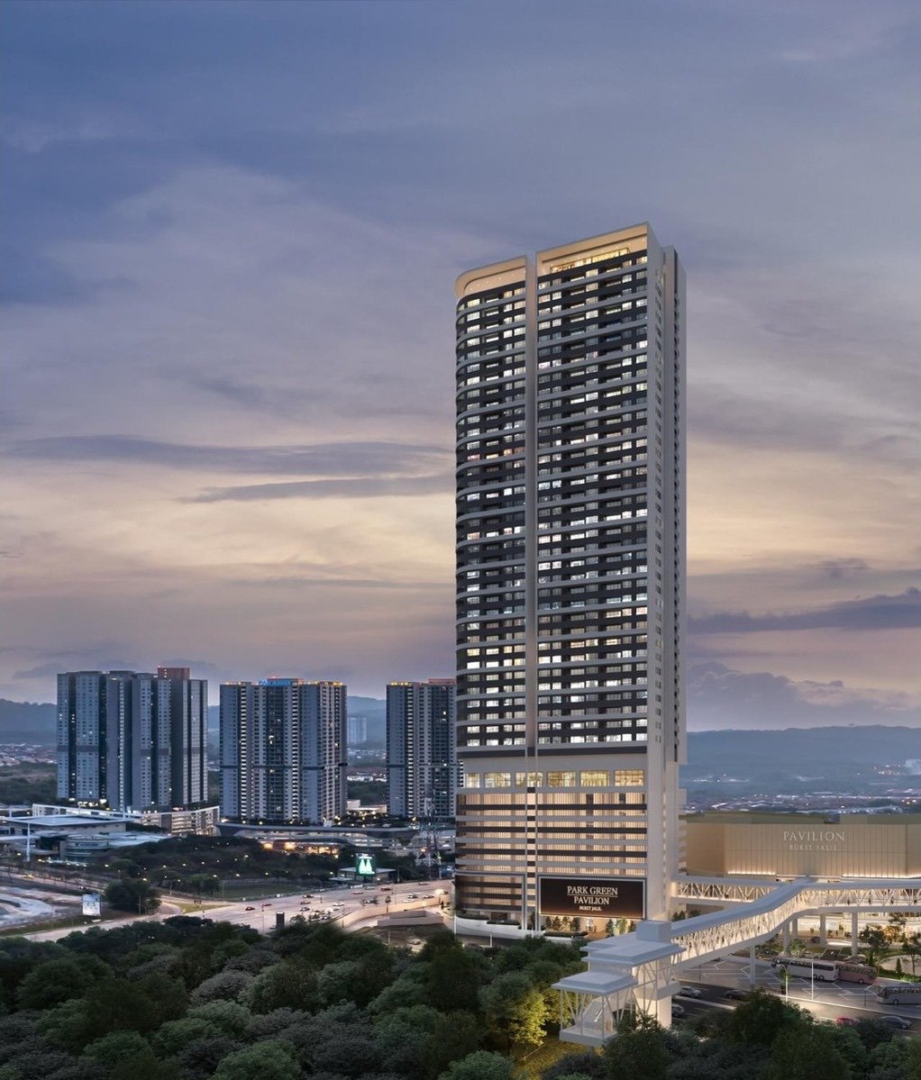 Park Green Pavilion Bukit Jalil tower and the pedestrian bridge to the mall at dusk: artist's impression