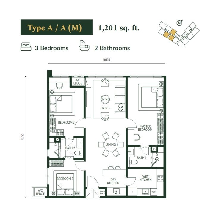 Park Green Pavilion Bukit Jalil Type A / A(M) floor plan, 3 bedrooms, 1,201 sq ft