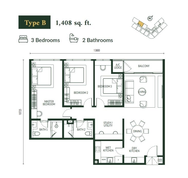 Park Green Pavilion Bukit Jalil Type B floor plan, 3 bedrooms, 1,408 sq ft