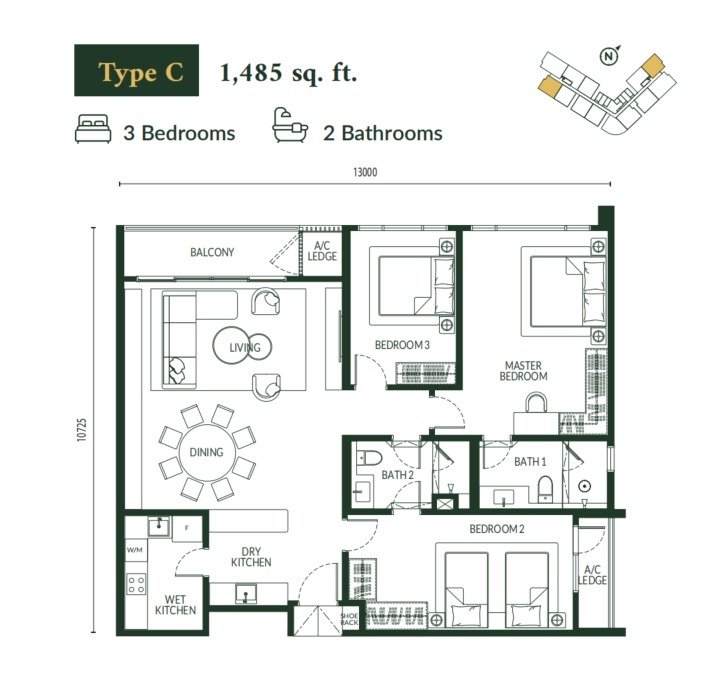 Park Green Pavilion Bukit Jalil Type C floor plan, 3 bedrooms, 1,485 sq ft