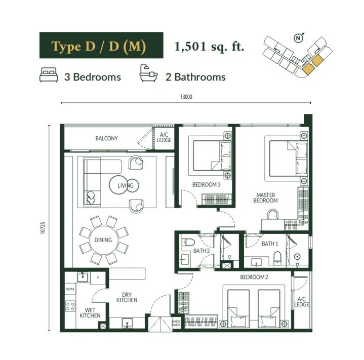 Park Green Pavilion Bukit Jalil Type D / D(M) floor plan, 3 bedrooms, 1,501 sq ft