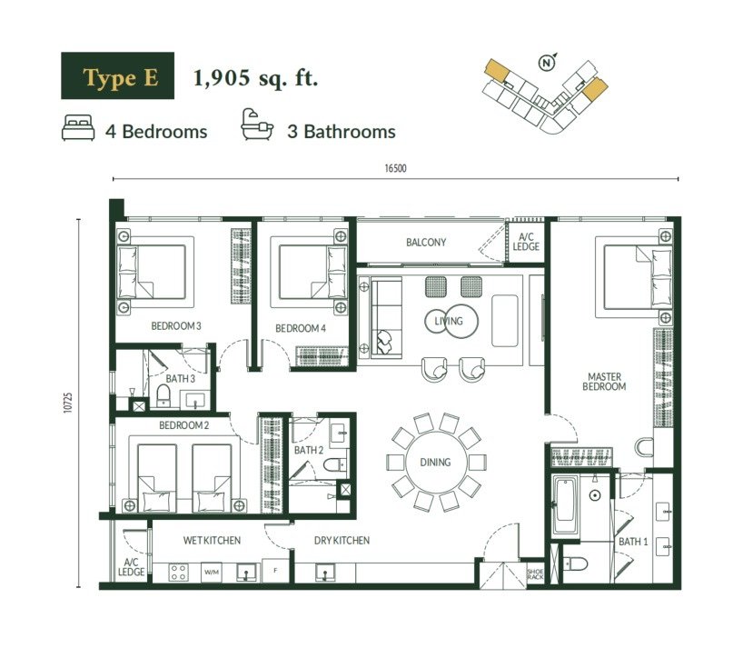 Park Green Pavilion Bukit Jalil Type E floor plan, 4 bedrooms, 1,905 sq ft