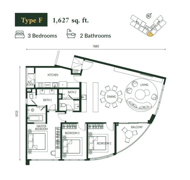 Park Green Pavilion Bukit Jalil Type F floor plan, 3 bedrooms, 1,627 sq ft