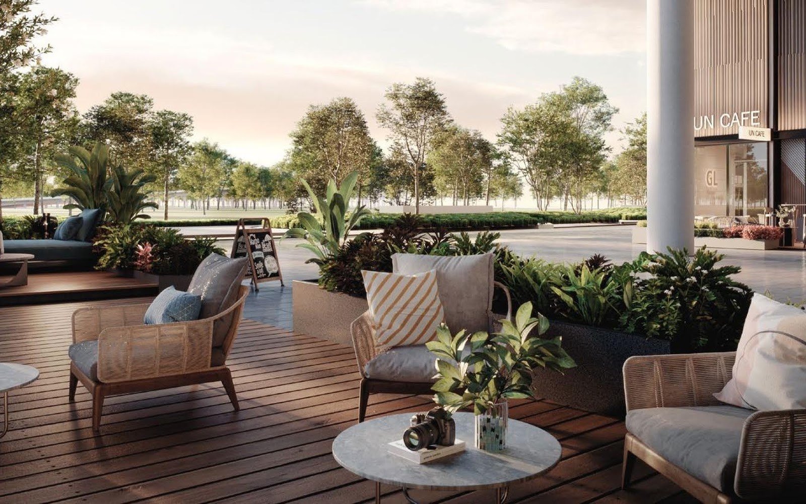 Parkside Residences outdoor lounge deck facing the park: artist's impression