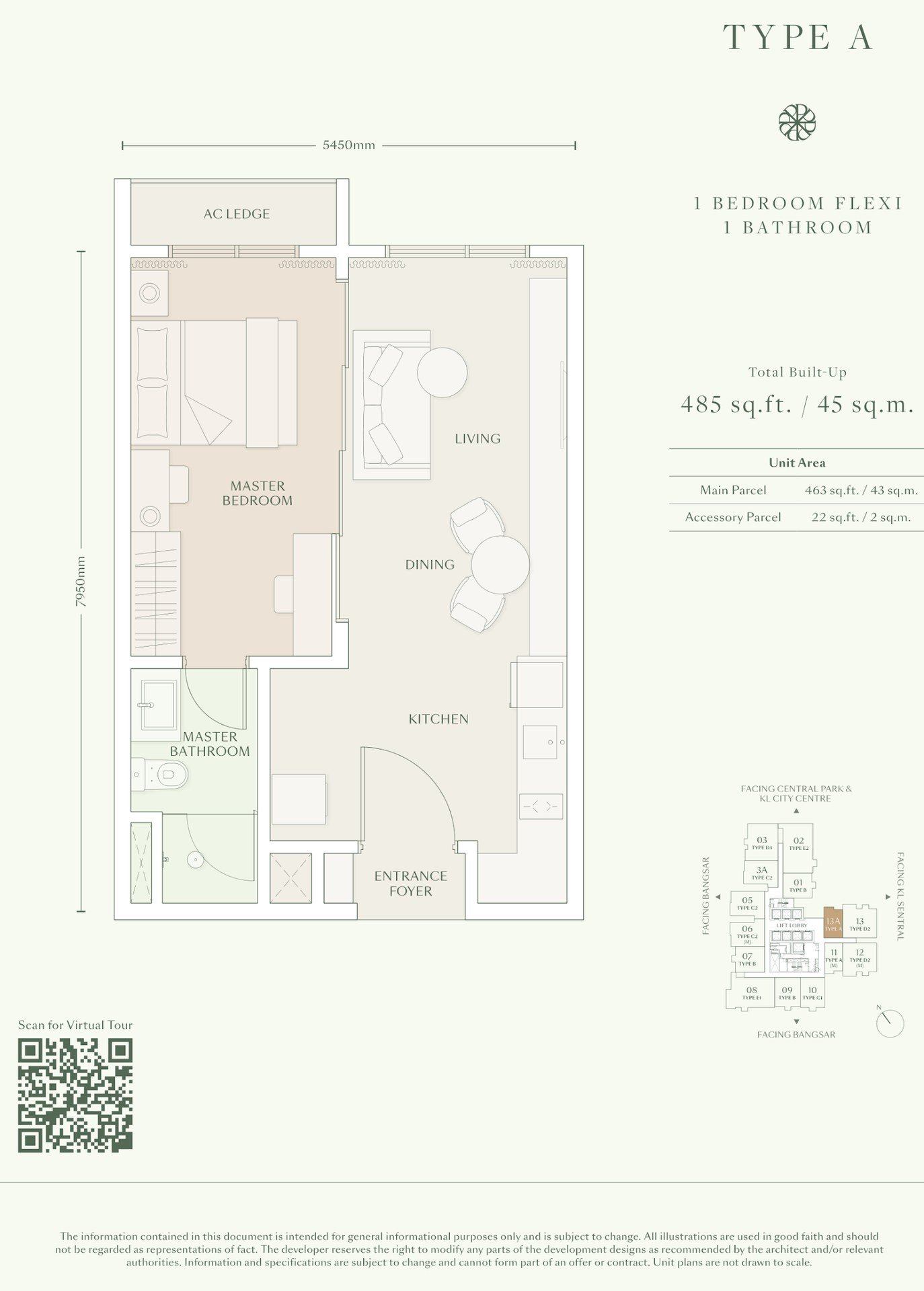 Parkside Residences Type A floor plan, 1 bedroom flexi, 485 sq ft