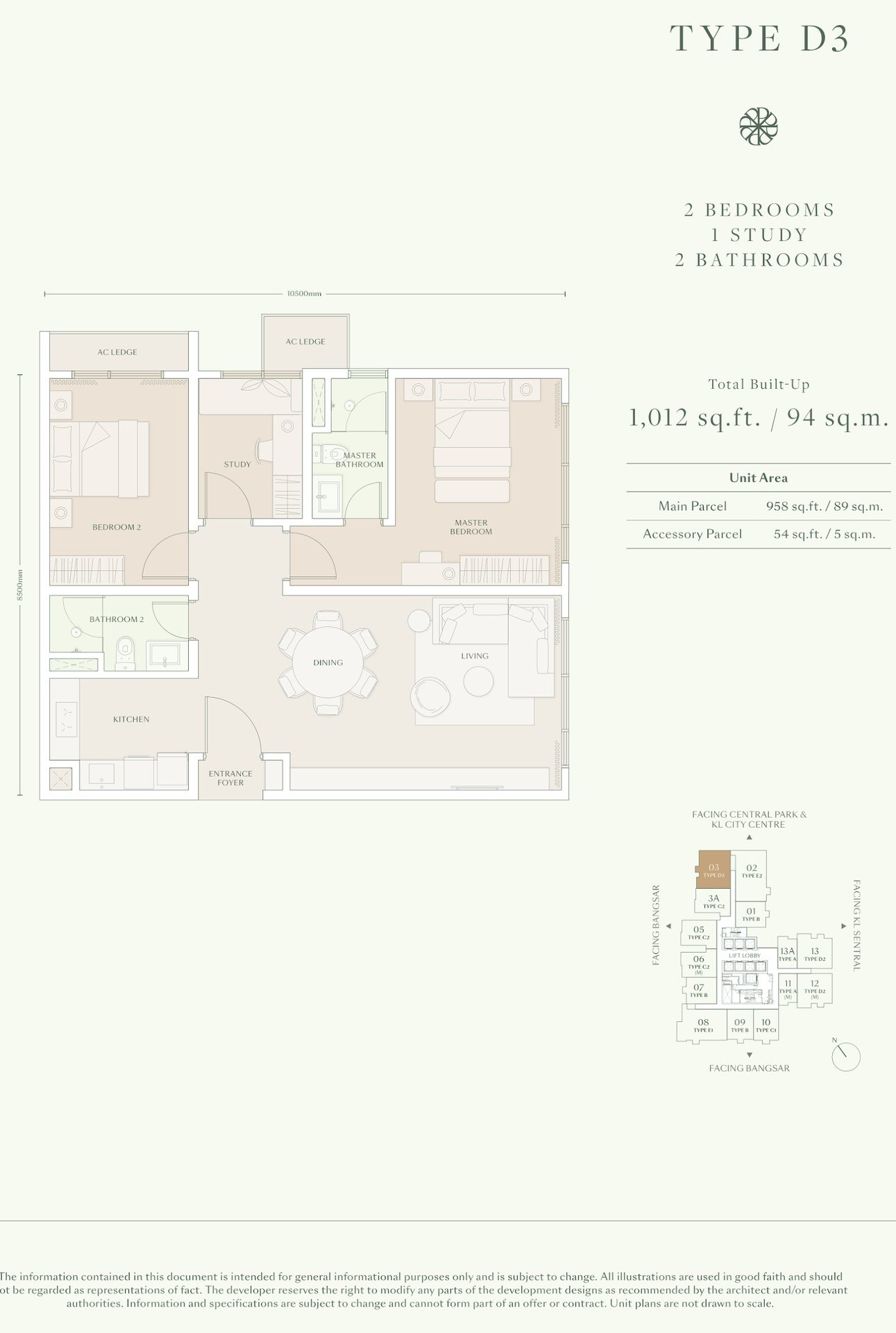 Parkside Residences Type D3 floor plan, 2 bedrooms plus study, 1,012 sq ft