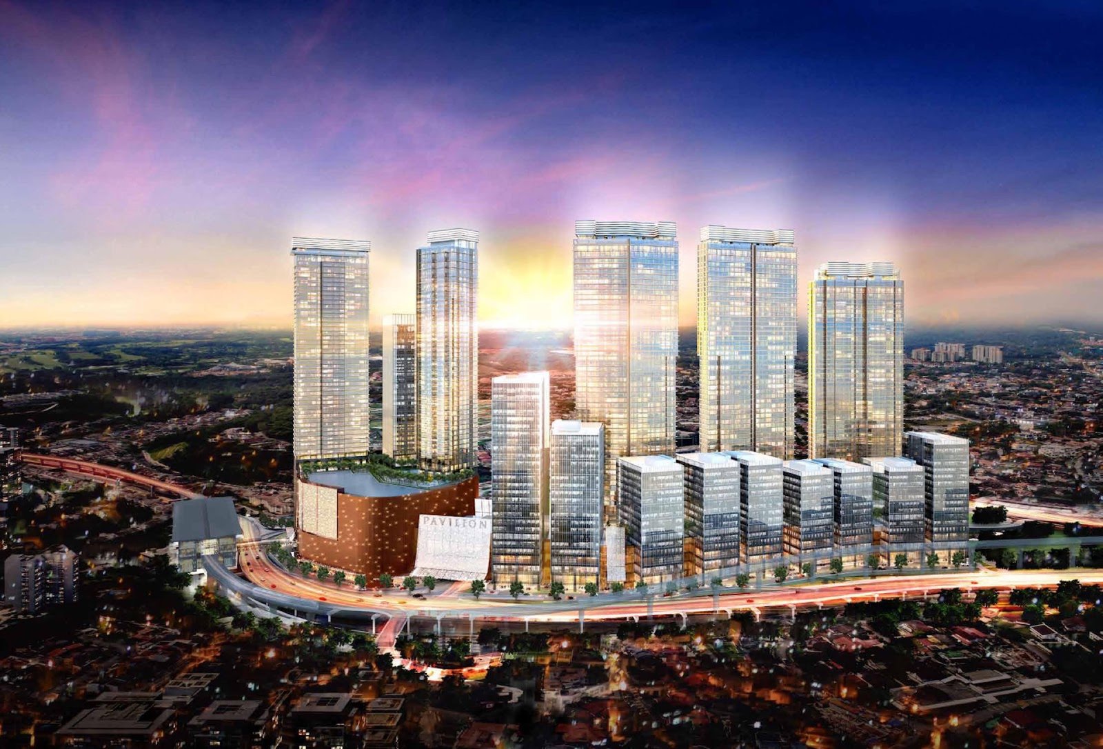 Pavilion Damansara Heights, Kuala Lumpur, aerial view at dusk: artist's impression