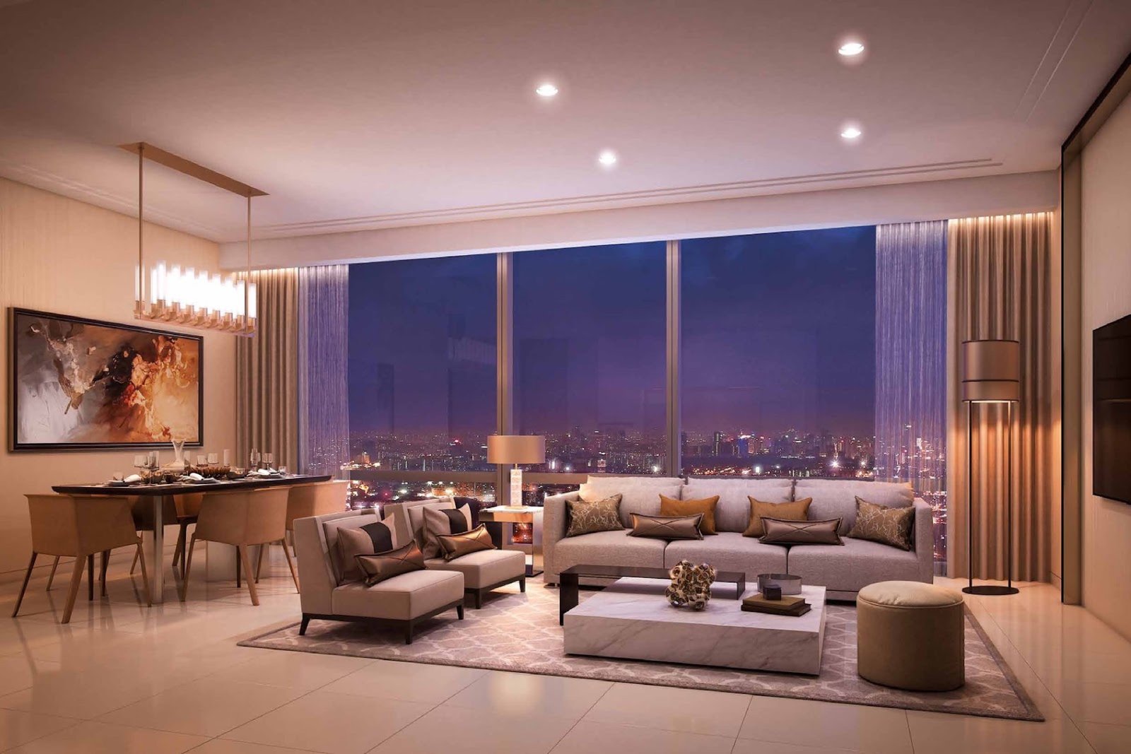 Pavilion Damansara Heights living and dining room with night view: artist's impression