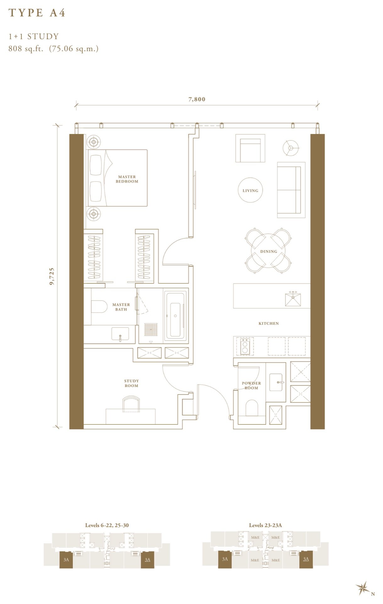 Pavilion Damansara Heights Regent Suites Type A4 floor plan, 1+1 study, 808 sq ft