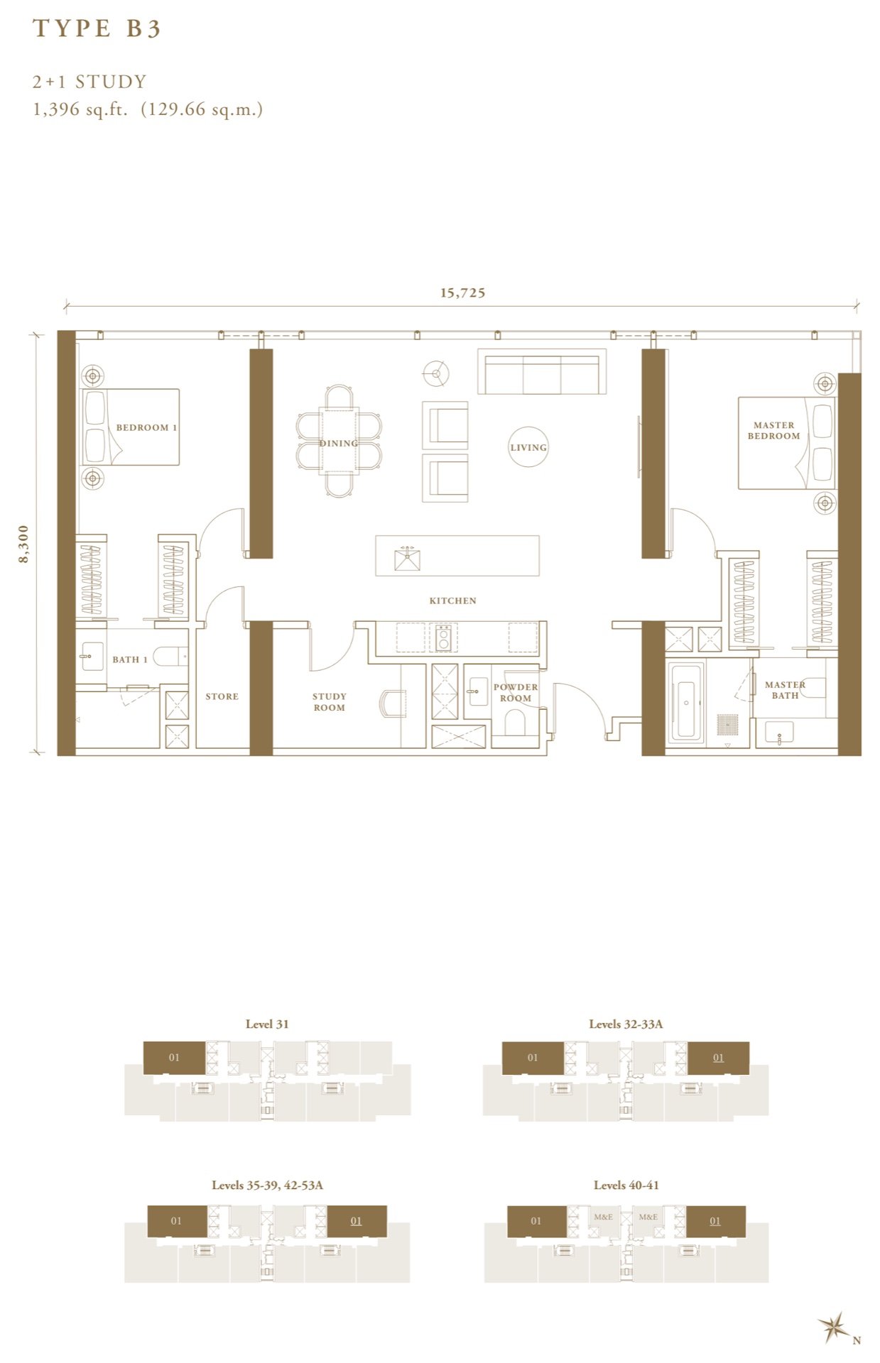Pavilion Damansara Heights Regent Suites Type B3 floor plan, 2+1 study, 1,396 sq ft