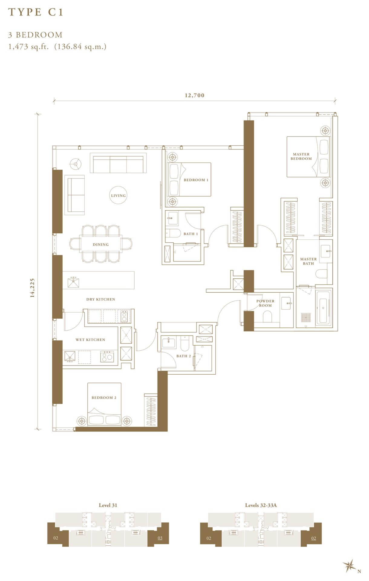Pavilion Damansara Heights Regent Suites Type C1 floor plan, 3 bedroom, 1,473 sq ft