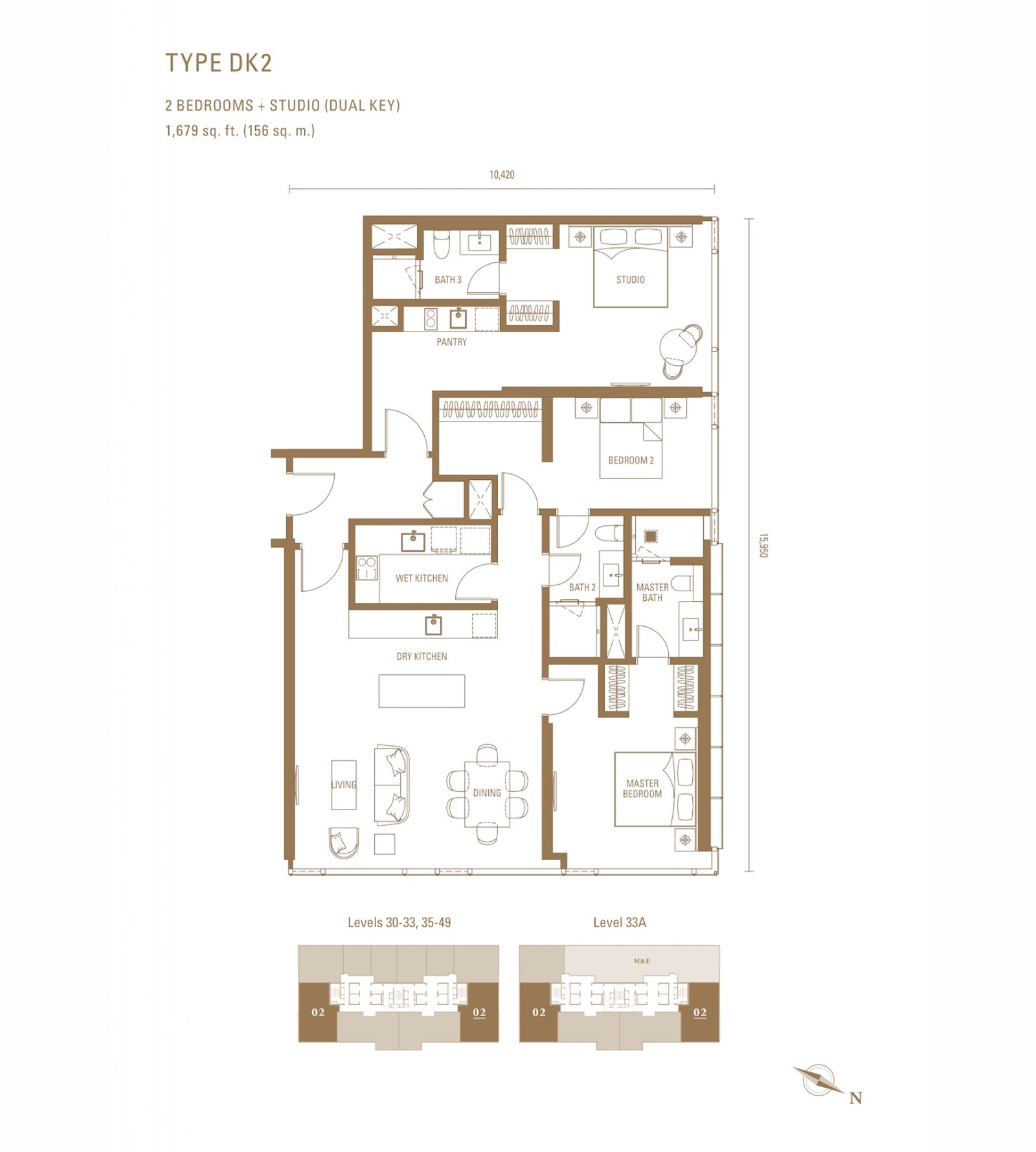 Pavilion Damansara Heights Royal Suites Type DK2 floor plan, 2 bedrooms + studio (dual key), 1,679 sq ft