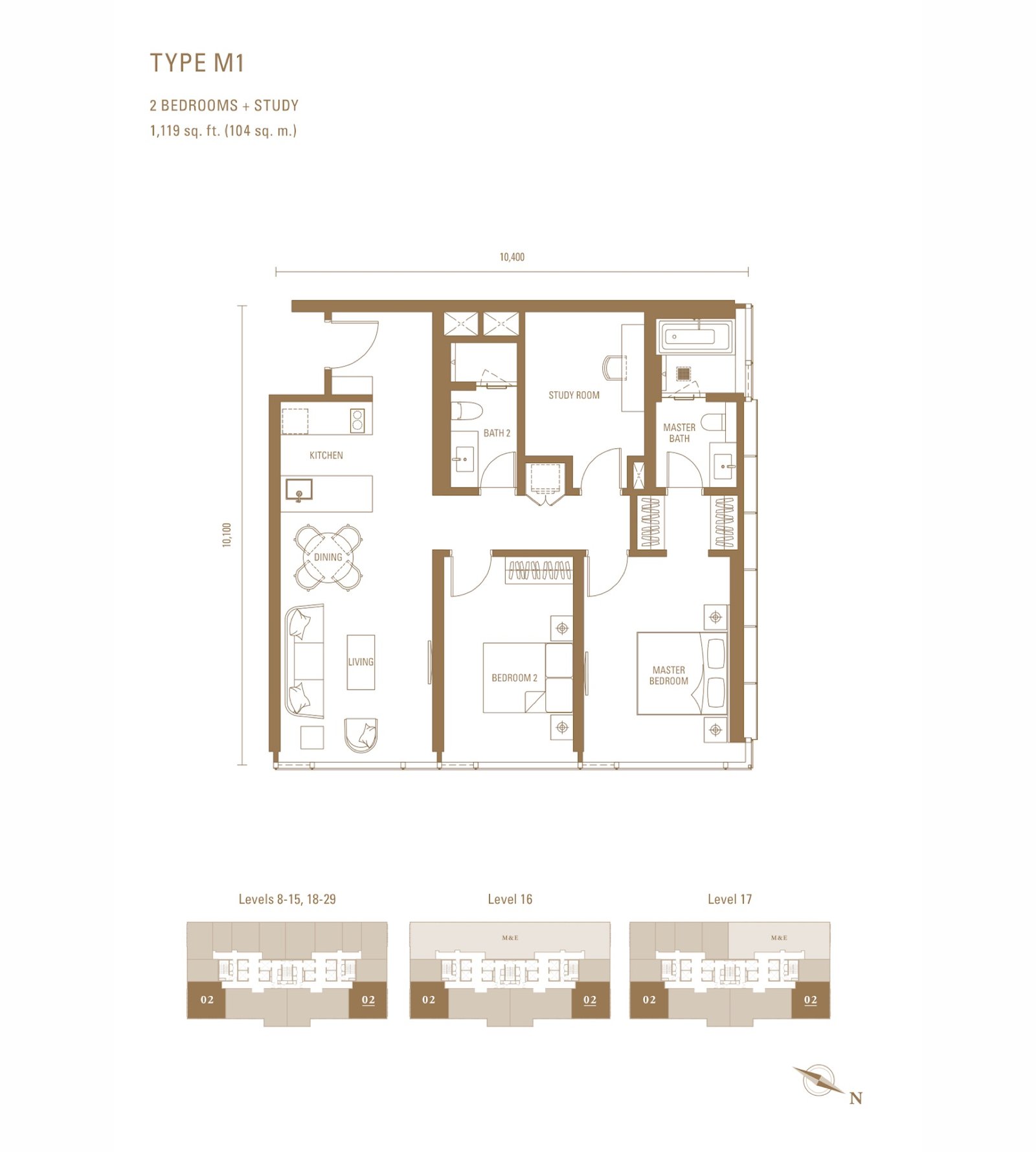 Pavilion Damansara Heights Royal Suites Type M1 floor plan, 2 bedrooms + study, 1,119 sq ft