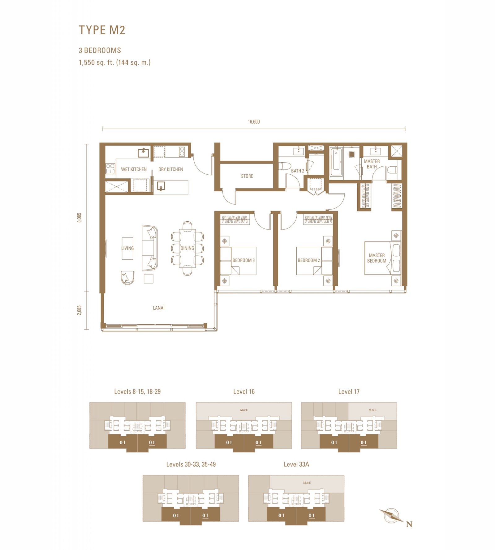 Pavilion Damansara Heights Royal Suites Type M2 floor plan, 3 bedrooms with lanai, 1,550 sq ft