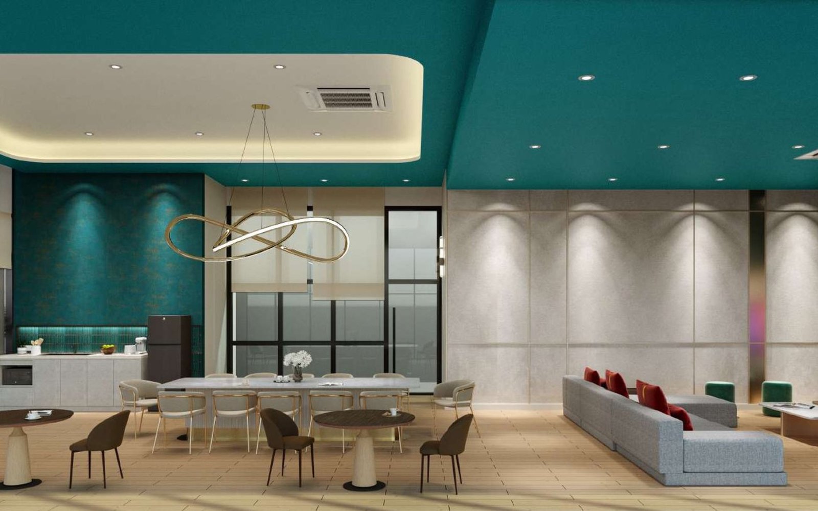 The Queenswoodz residents' lounge with dining tables: artist's impression