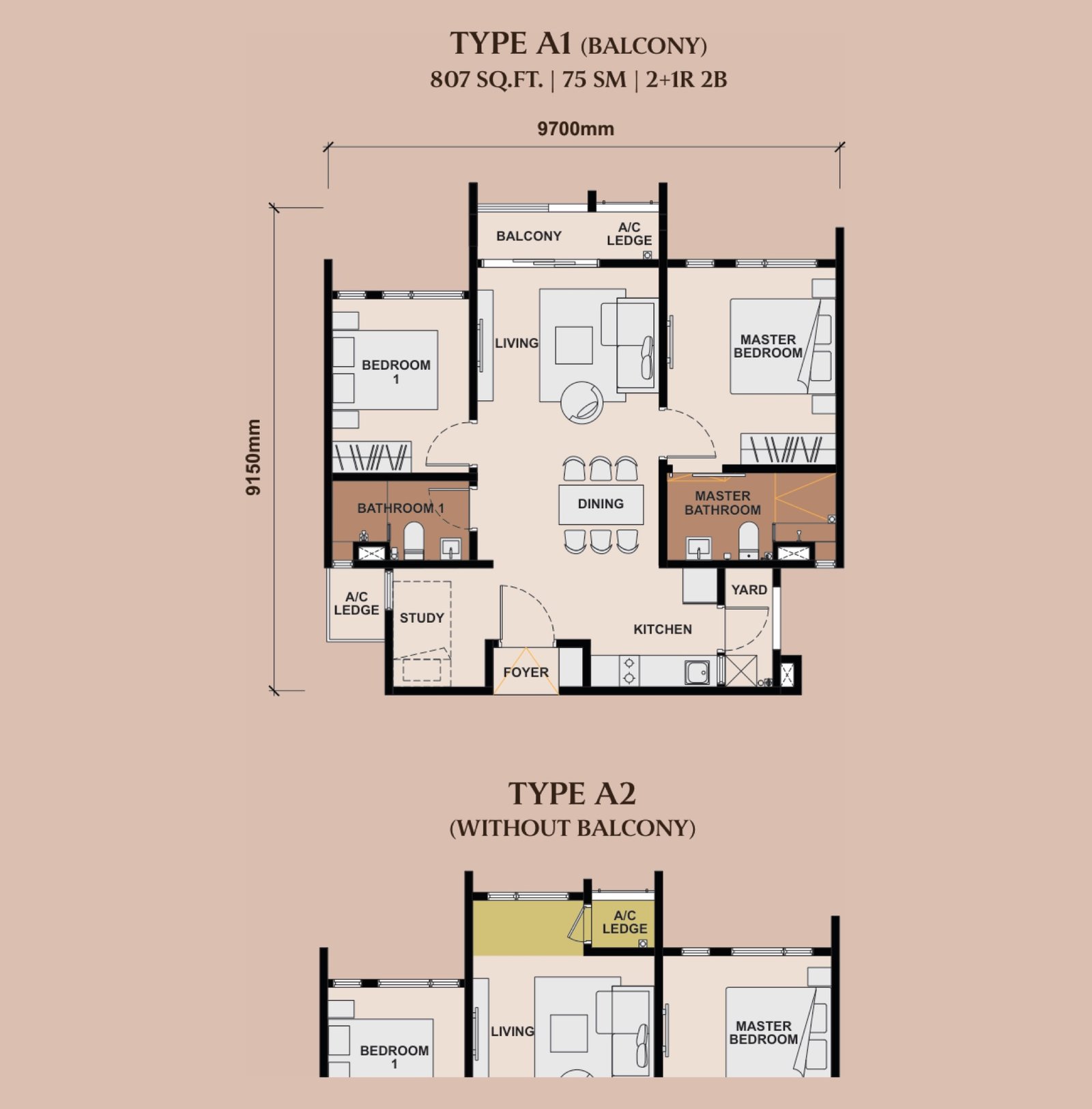 The Queenswoodz Type A1 / A2 floor plan, 2+1 bedroom, 807 sq ft