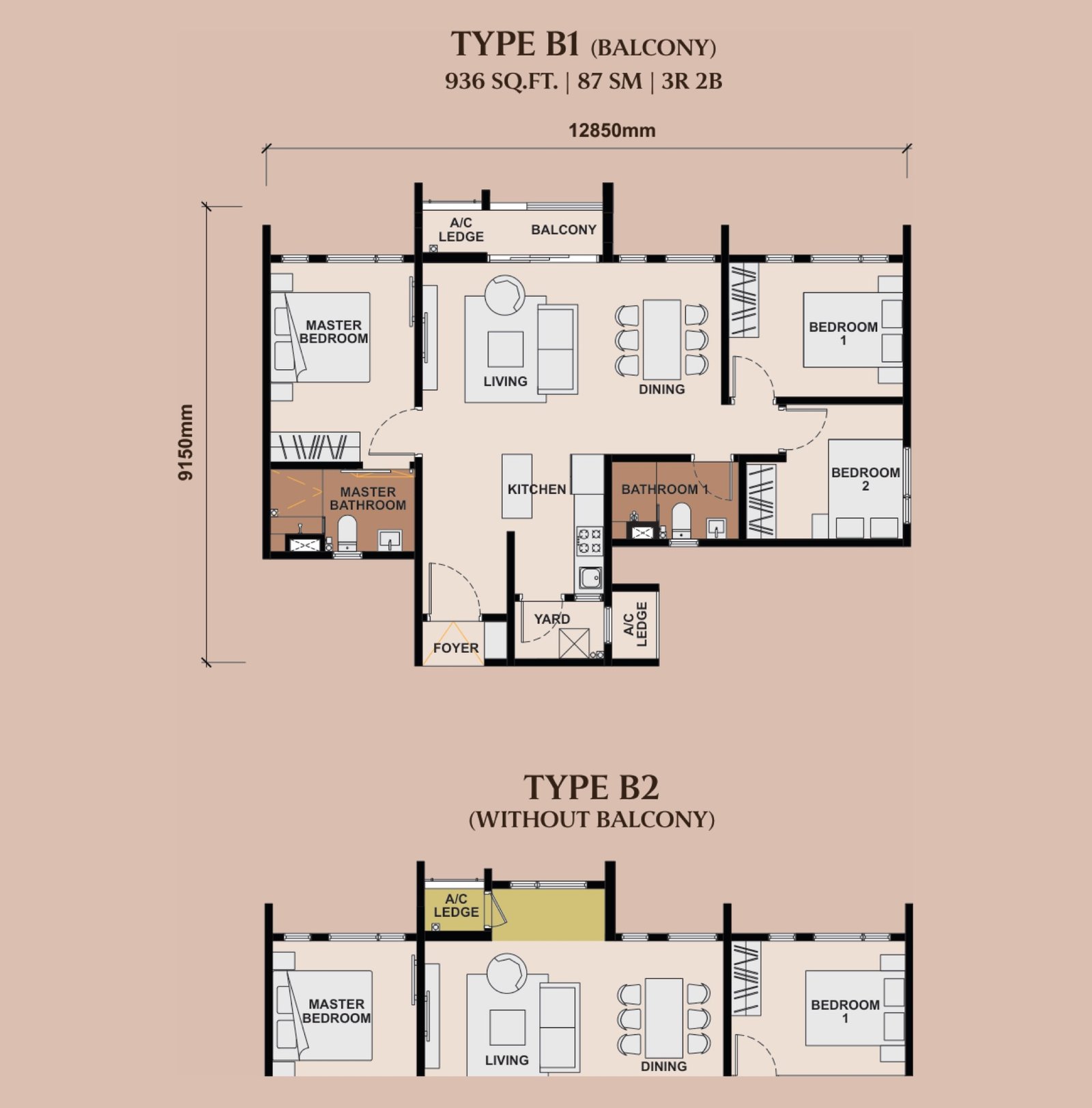 The Queenswoodz Type B1 / B2 floor plan, 3 bedroom, 936 sq ft