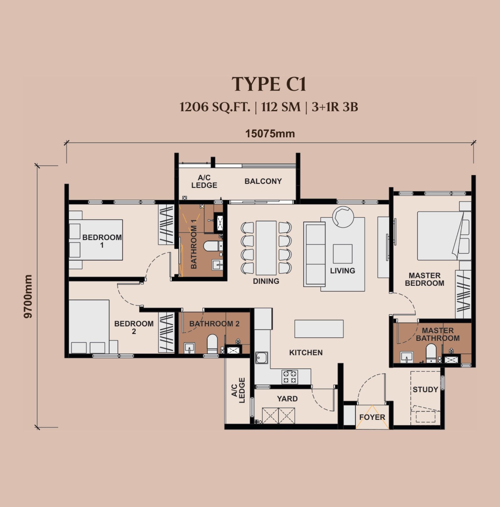 The Queenswoodz Type C1 floor plan, 3+1 bedroom, 1,206 sq ft