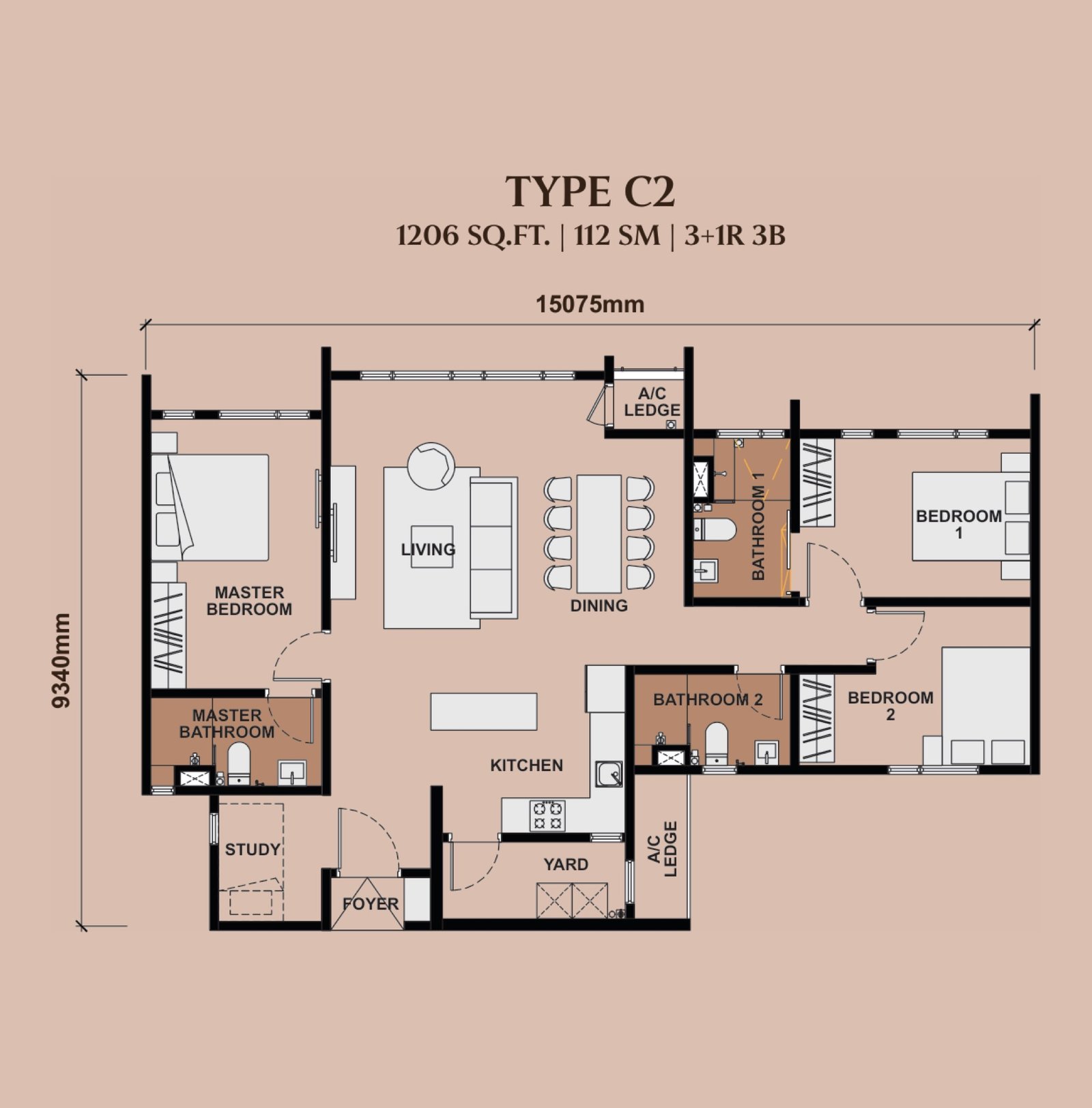 The Queenswoodz Type C2 floor plan, 3+1 bedroom, 1,206 sq ft