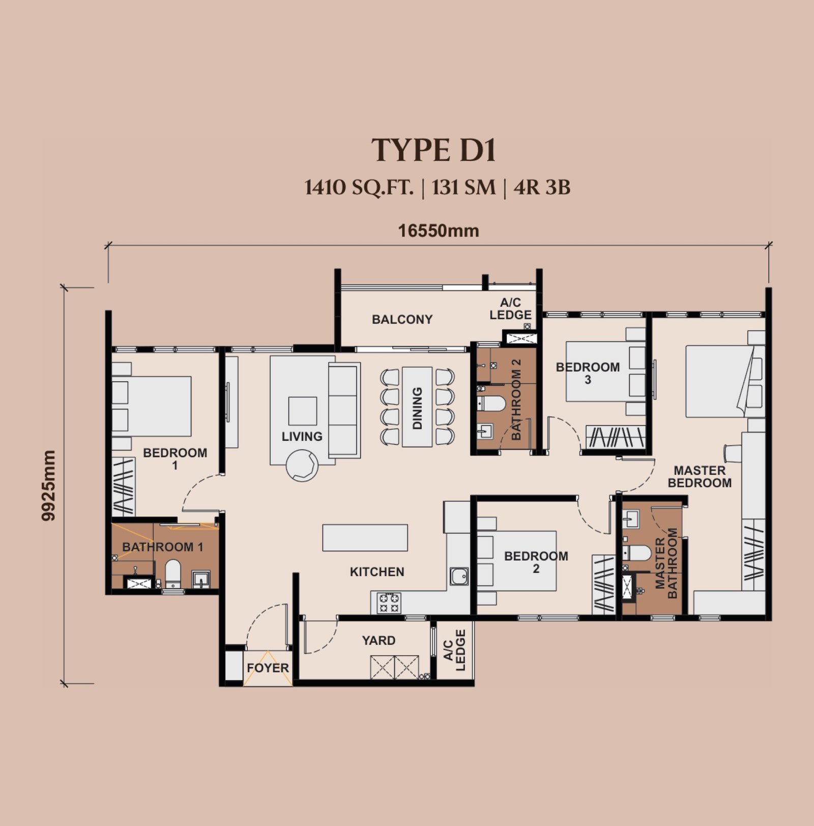 The Queenswoodz Type D1 floor plan, 4 bedroom, 1,410 sq ft