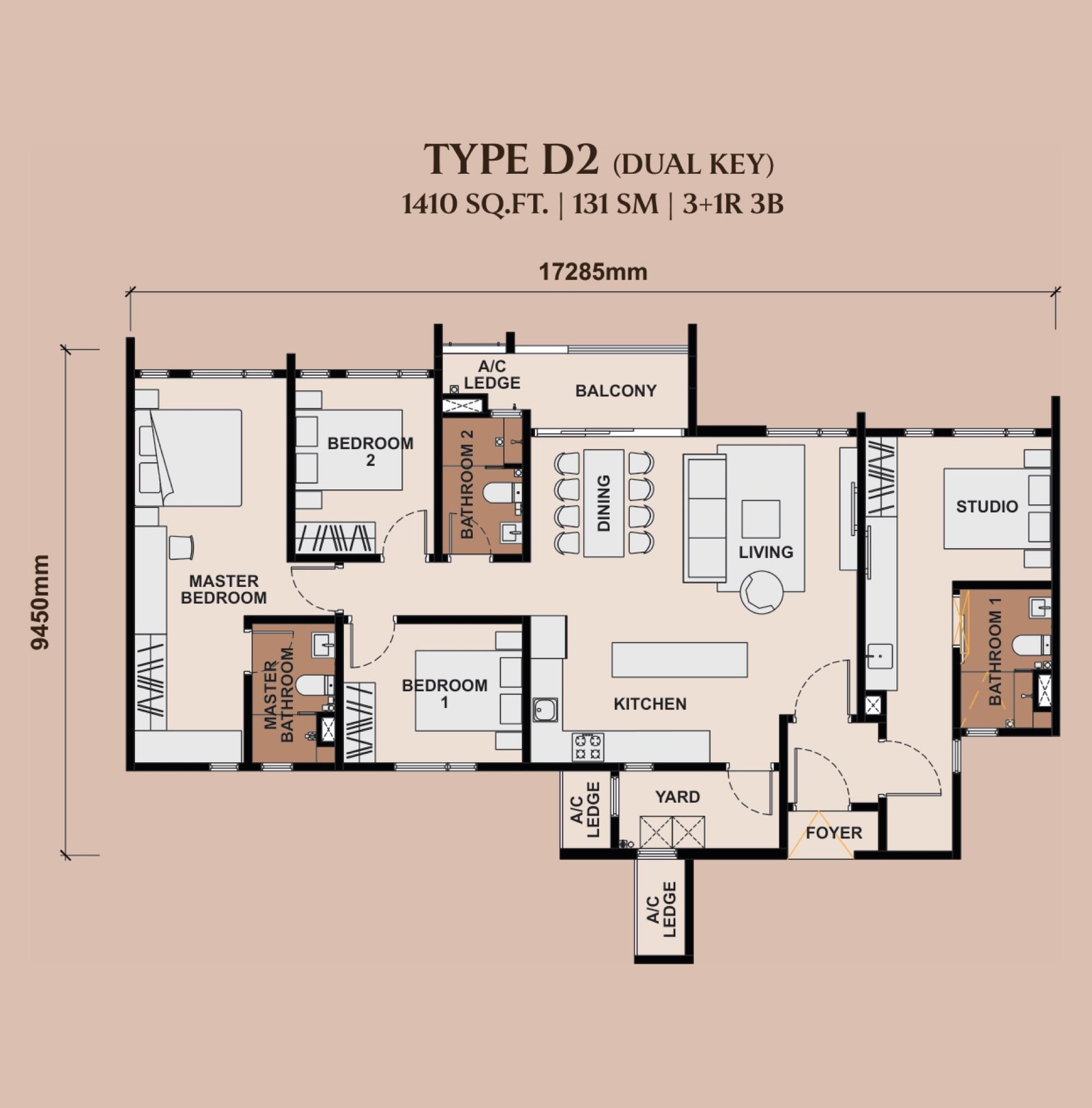 The Queenswoodz Type D2 floor plan, dual key, 1,410 sq ft