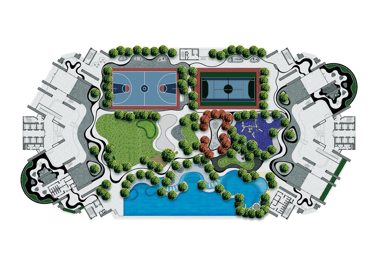 Ren Residence facilities deck plan with pools, courts and playground