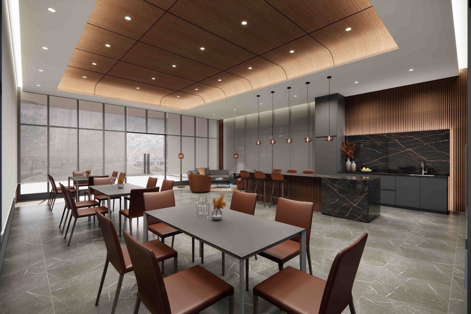 Ren Residence function room with dining tables: artist's impression