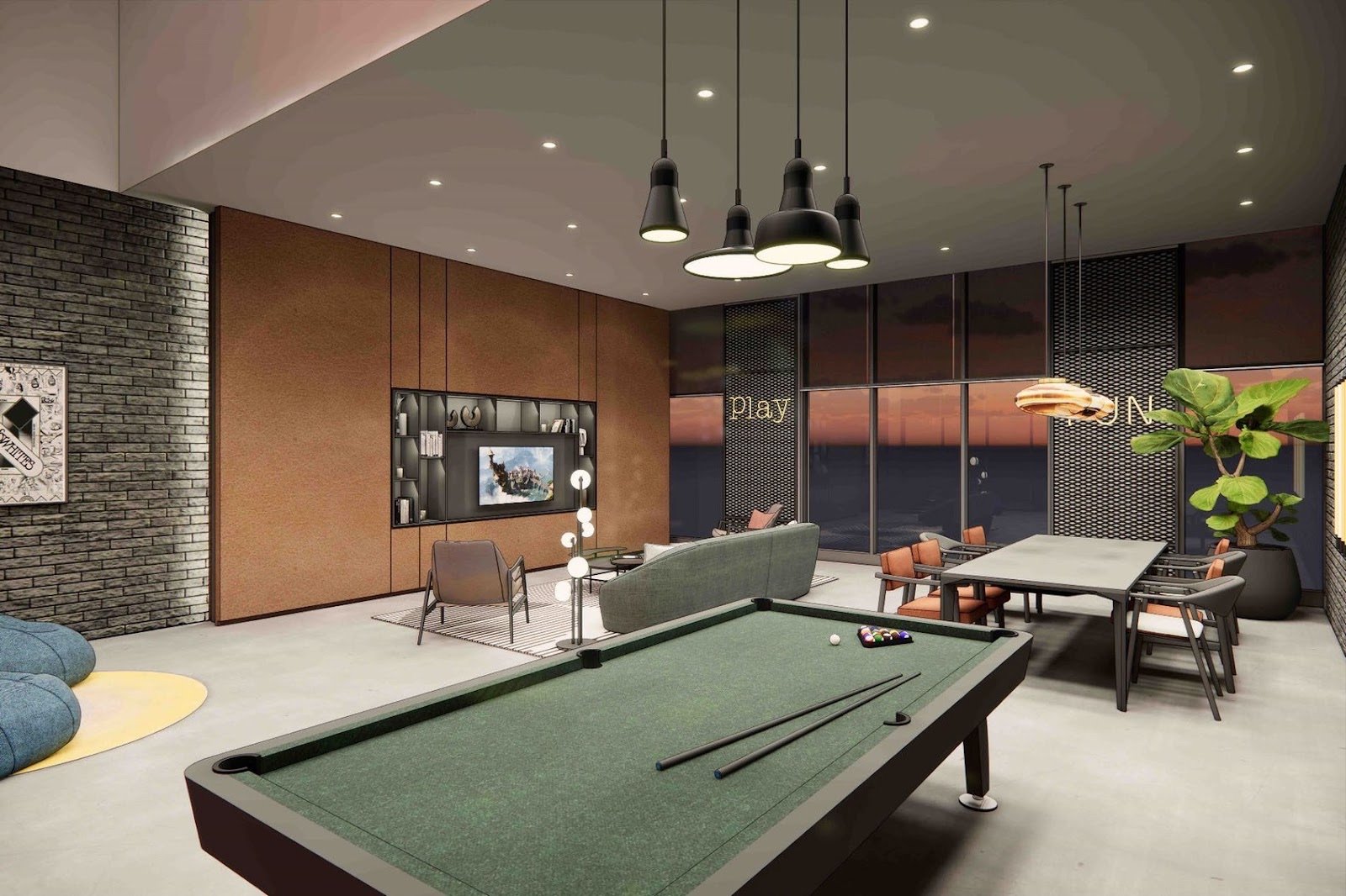Ren Residence games room with pool table: artist's impression