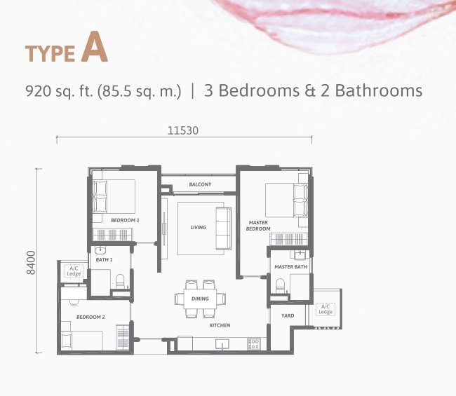 Ren Residence Type A floor plan, 3 bedrooms, 920 sq ft