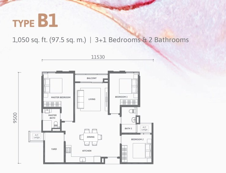 Ren Residence Type B1 floor plan, 3+1 bedrooms, 1,050 sq ft