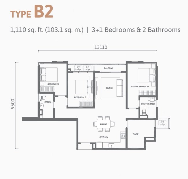 Ren Residence Type B2 floor plan, 3+1 bedrooms, 1,110 sq ft